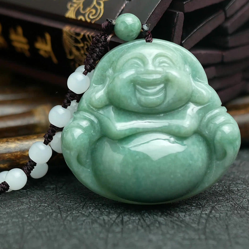 Colgante de cuentas de cadena con collar de armonía de jade cian de Buda sonriente - image 2