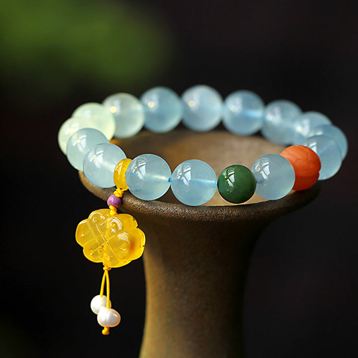 Pulsera de la paz con dije anudado chino, ámbar, aguamarina natural