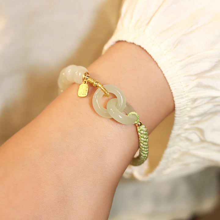 Pulsera trenzada con doble hebilla de paz y cuentas de jade hetiano natural, Buddha Stones, carácter Fu, abundancia