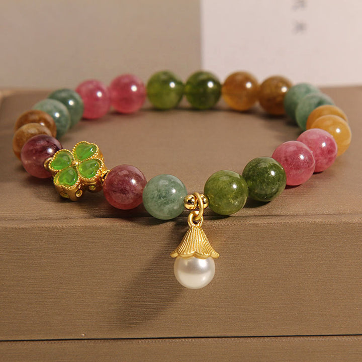 Pulsera de la sabiduría de la flor del trébol de cuatro hojas de la turmalina colorida de las Buddha Stones