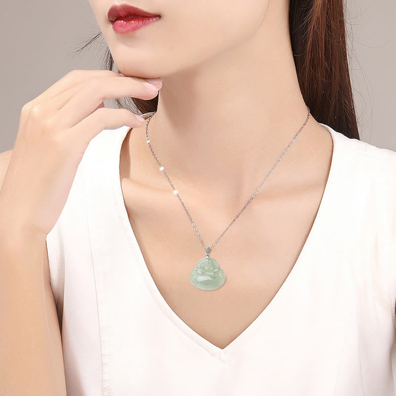 Buddha Stones Plata de Ley 925 Jade Natural Buda sonriente prosperidad abundancia cadena collar colgante