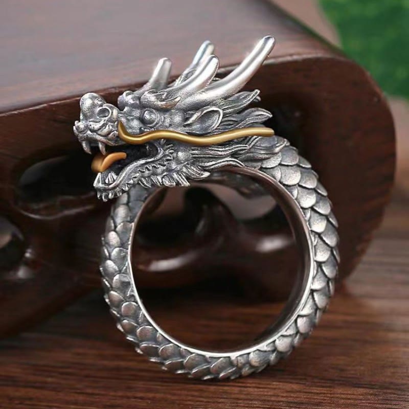 Anillo ajustable de fuerza de protección con diseño de dragón vintage de plata de ley 925 con Buddha Stones - image 1