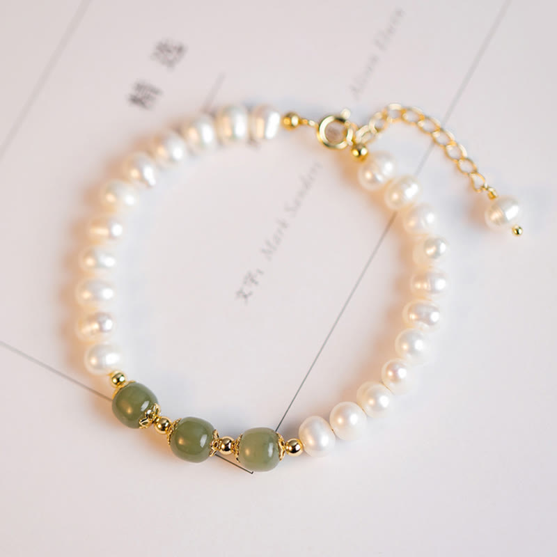 Pulsera de cadena de cuentas de sinceridad de jade blanco de jade cian hetiano con perlas naturales chapadas en oro de 14 quilates