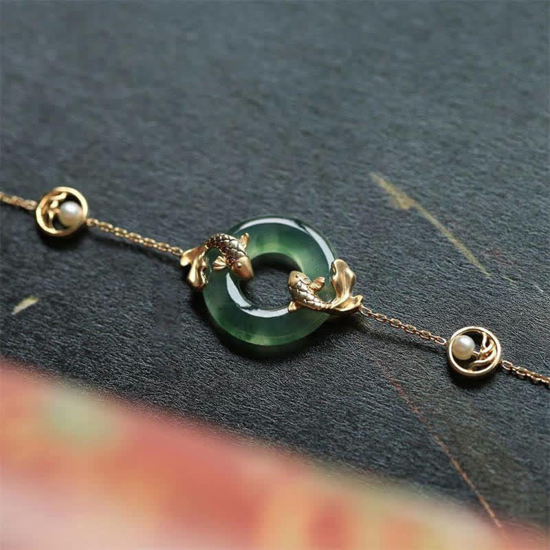 Pulsera de armonía curativa con peces Koi de jade cian y Buddha Stones