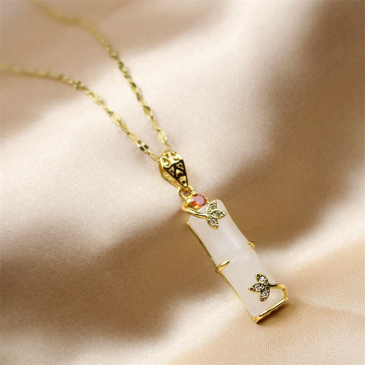 Colgante de collar de protección de la suerte de bambú con Buddha Stones, Jade blanco, cian, Jade