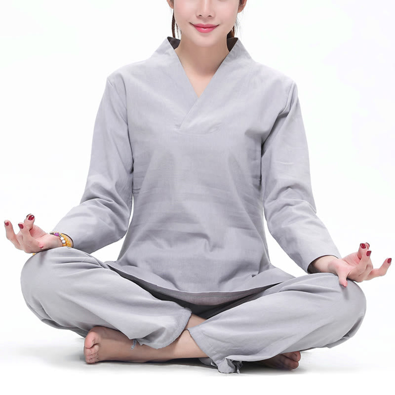 Conjunto de ropa de lino y algodón para mujer, uniforme con diseño de Buddha Stones, práctica Zen, Yoga, meditación, oración, cuello en V - Gris claro - US6，UK/AU10，EU38 (2XL) - image 5