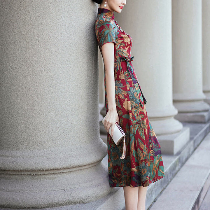 Vestido Qipao de seda con Buddha Stones, vestido Cheongsam con patrón de hojas y flores Retro para mujer
