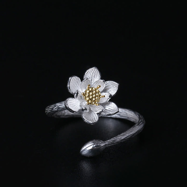 Anillo de bendición de flor de loto de plata de ley 925 con Buddha Stones