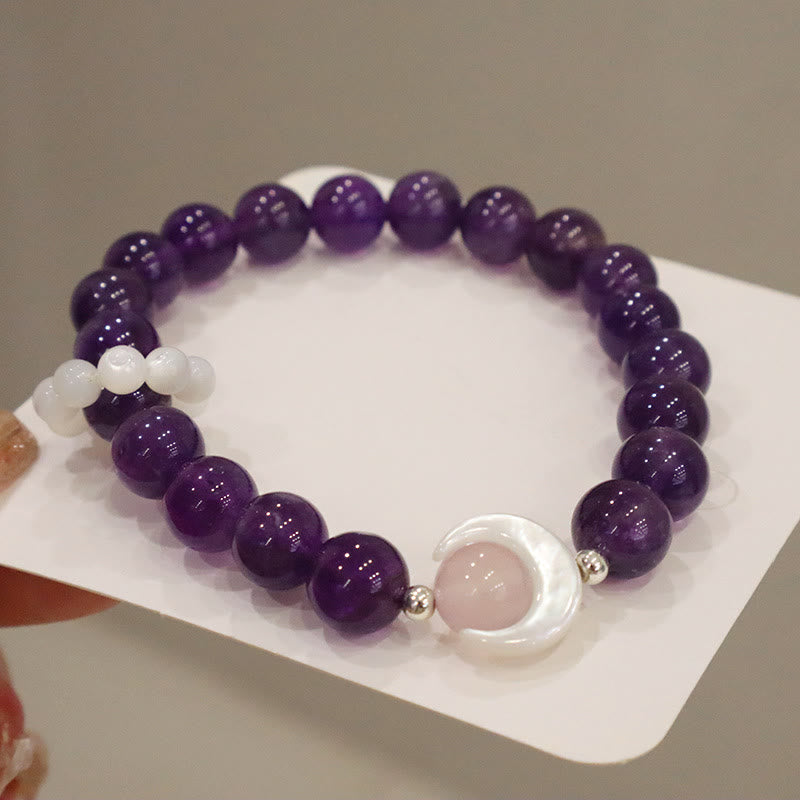 Pulsera de plata de ley 925 con Buddha Stones, amatista natural, aguamarina, cristal rosa, ojo de gato, luna creciente curativa