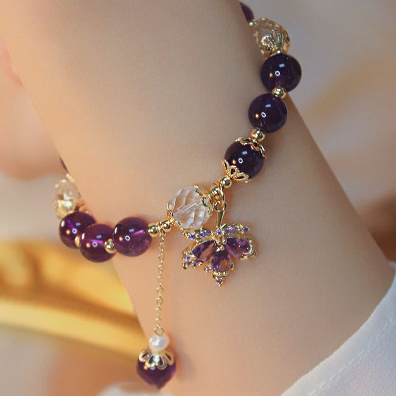 Pulsera con dije de hoja de arce curativa de amatista natural chapada en oro de 14 quilates con piedras de Buddha Stones