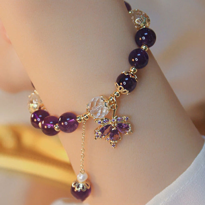 Pulsera con dije de hoja de arce curativa de amatista natural chapada en oro de 14 quilates con piedras de Buddha Stones