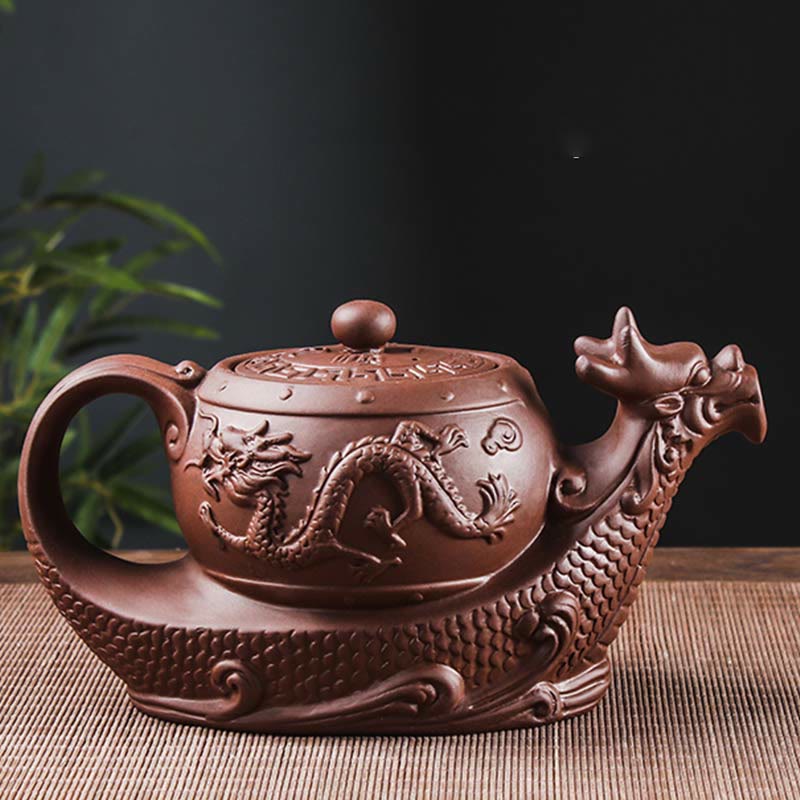 Tetera de cerámica de arcilla púrpura con nubes propicias de dragón Vintage con Buddha Stones