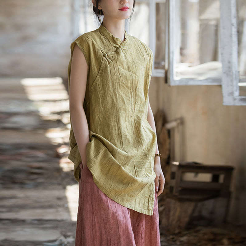 Camiseta sin mangas con botones de rana de lino y ramio teñida anudada hecha a mano con Buddha Stones