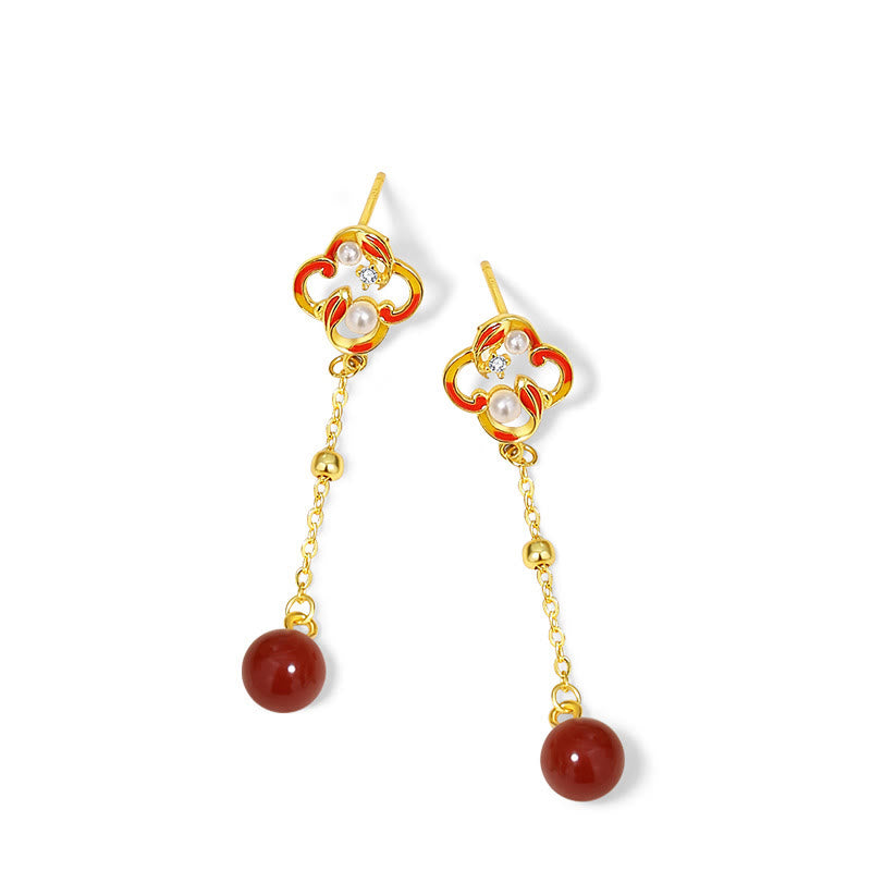 Juego de pendientes y collar con colgante de trébol de cuatro hojas, Plata de Ley 925, Buddha Stones , ágata roja, perla, riqueza