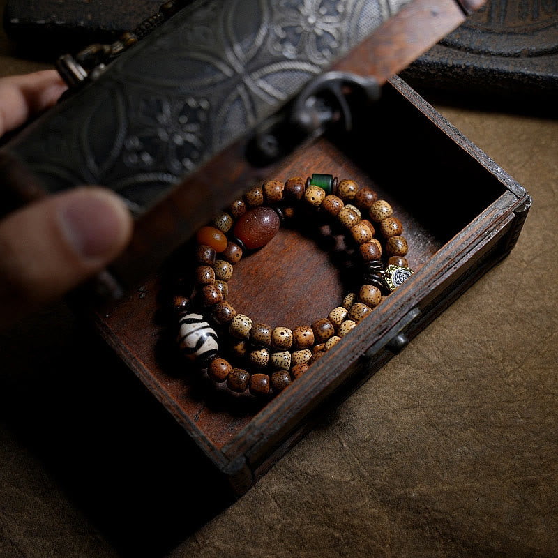 Buddha Stones tibetano Bodhi semilla ámbar Dzi cuentas ágata Zakiram diosa de la riqueza cuentas Triple envoltura pulsera