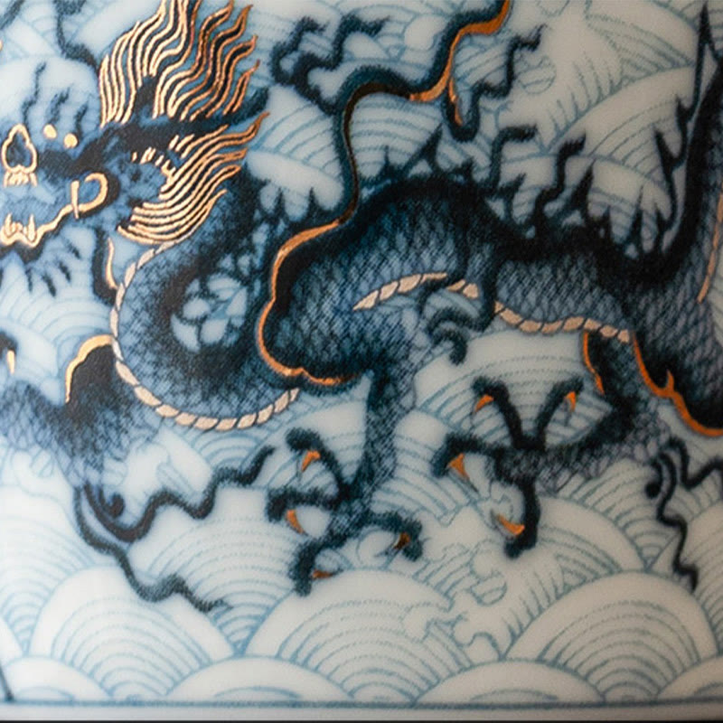 Tazas de té de cerámica con diseño de dragón blanco y azul pequeño de Buddha Stones, tazas de té de Kung Fu de 45ml