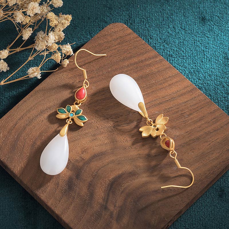 Pendientes colgantes de la suerte de jade blanco FengShui con Buddha Stones
