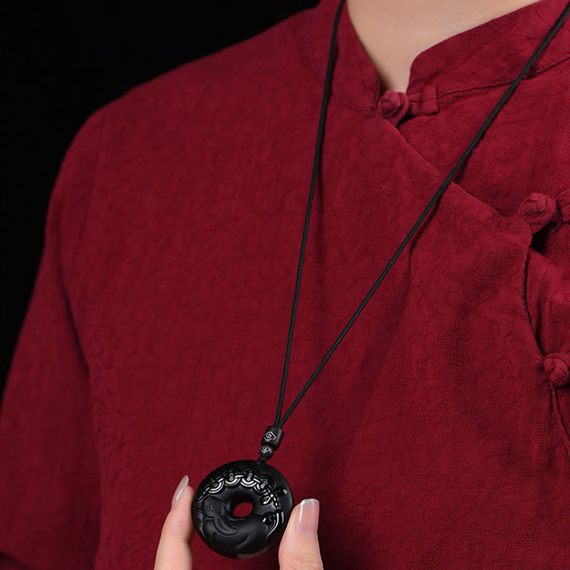Collar con colgante de fuerza con hebilla de paz, obsidiana negra Natural del zodíaco chino , Buddha Stones - image 9