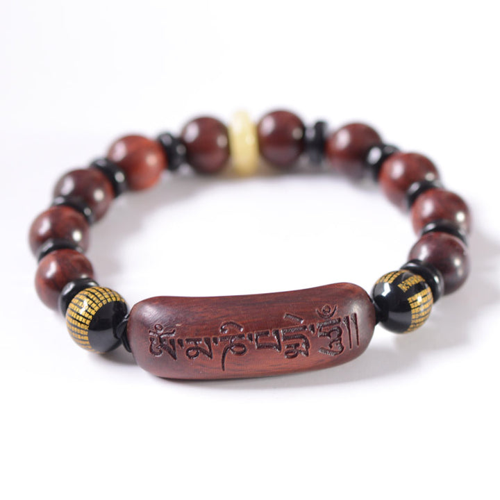 Pulsera de protección grabada con Buddha Stones, hoja pequeña, sándalo rojo, Om Mani Padme Hum