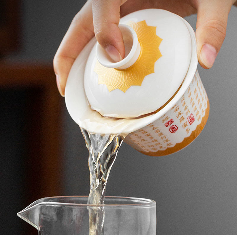 Taza de té y platillo con tapa, taza de té de cerámica Gaiwan, Sutra del corazón budista, Buddha Stones , pequeño personaje Fu, Kung Fu