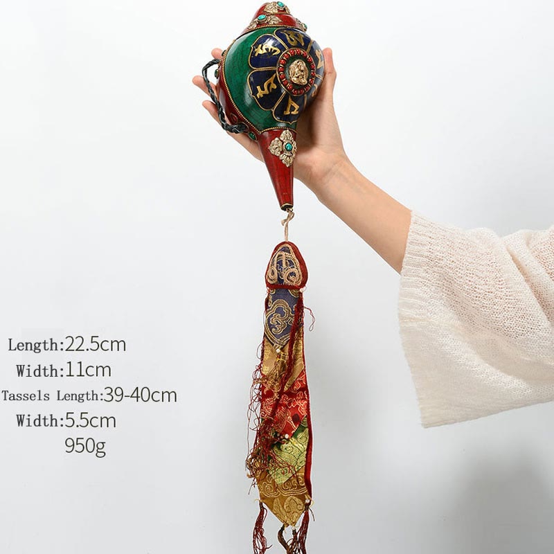 Tibetano hecho a mano Shankha Om Mani Padme Hum Buda Avalokitesvara turquesa Concha decoración positiva - Om Mani Padme Hum-Buda Amoghasiddhi 22,5*11cm - image 21