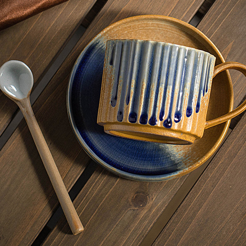 Taza de café de cerámica con cambio de horno a rayas Retro de Buddha Stones, taza de café y té de cerámica rugosa con platillo de 250ml