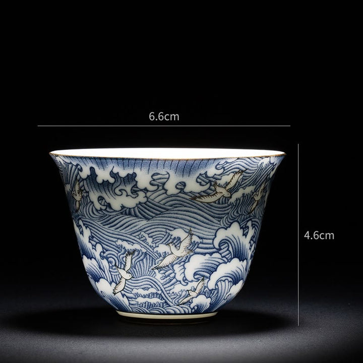 Taza de té de cerámica de porcelana azul y blanca, Buddha Stones, flores coloridas, orquídeas, olas del mar, taza de té de Kung Fu