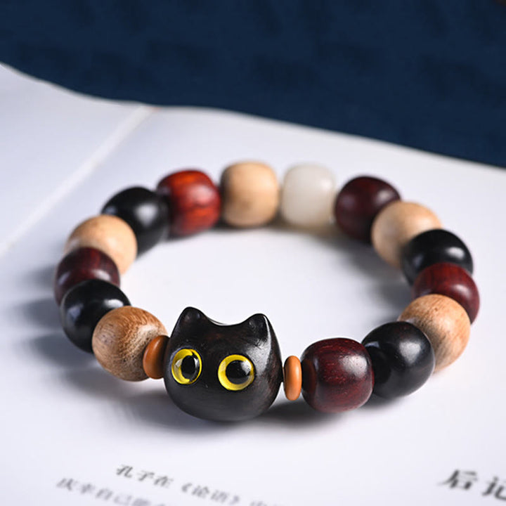 Pulsera de protección con grabado de gato lindo de madera de ébano de sándalo rojo de hoja pequeña con Buddha Stones - image 5