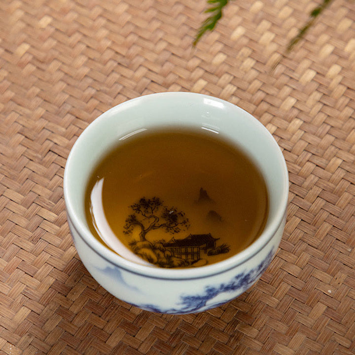 Taza de té de cerámica pequeña con Buddha Stones, paisaje azul, montañas, loto, lindos pabellones de gatos, Magnolia Reed Egrets, taza de té de Kung Fu