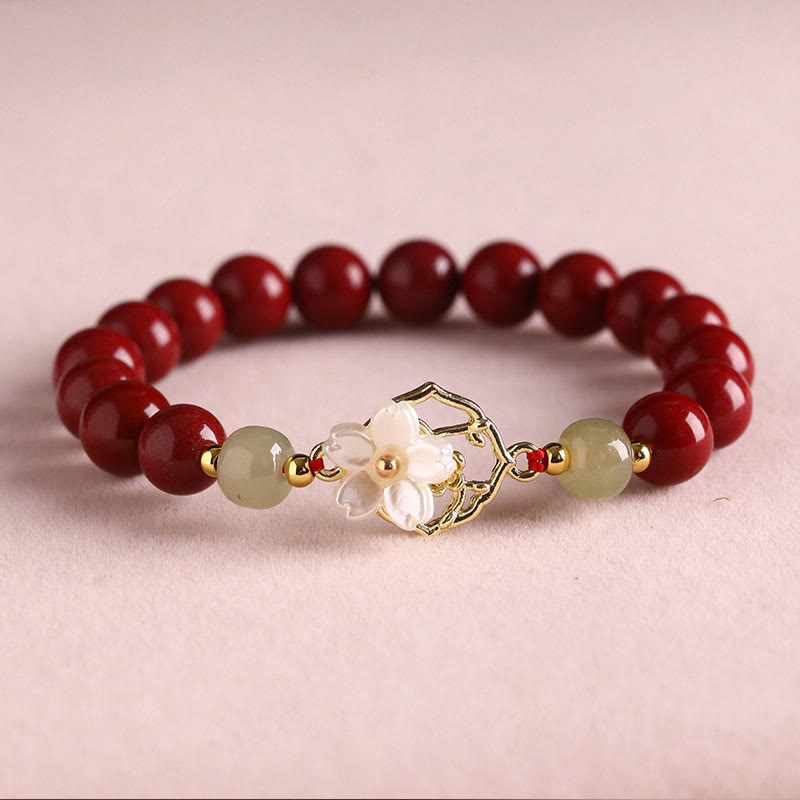 Pulsera de bendición de flores de piedra Tridacna con cuentas de jade cinabrio Natural de Buddha Stones