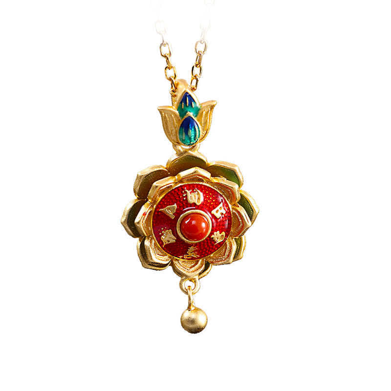 Colgante de plata de ley 925 con rueda de oración de loto del Tíbet y ágata roja - image 10