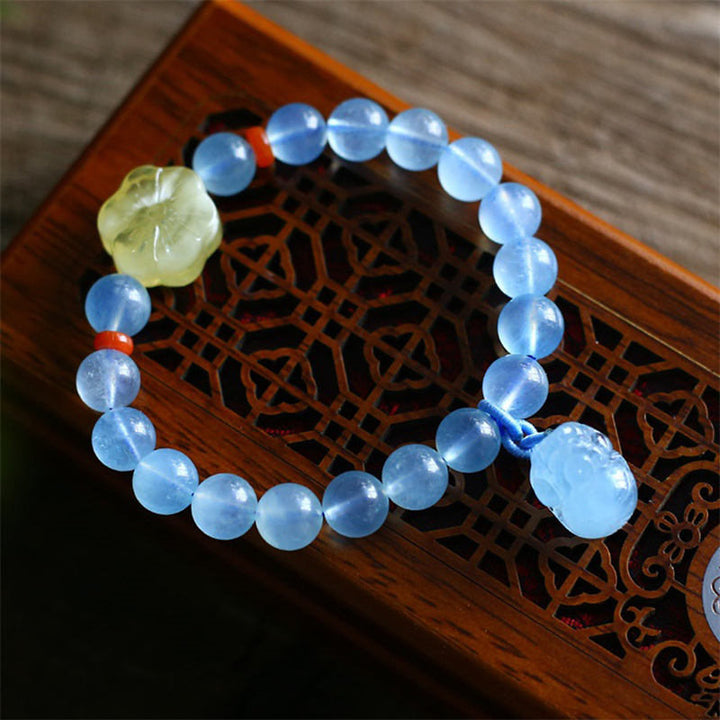 Pulsera con dije curativo de la paz, ámbar, aguamarina natural, Pixiu