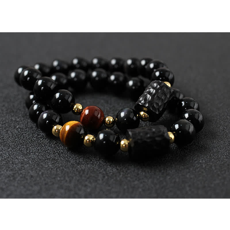 Pulsera de pareja de fuerza de ojo de tigre rojo de madera de ébano de obsidiana negra