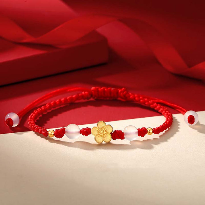 Pulsera de cuerda roja de la suerte con cuentas de calcedonia de cerezo y flor de melocotón de Plata de Ley 925 hecha a mano con Buddha Stones