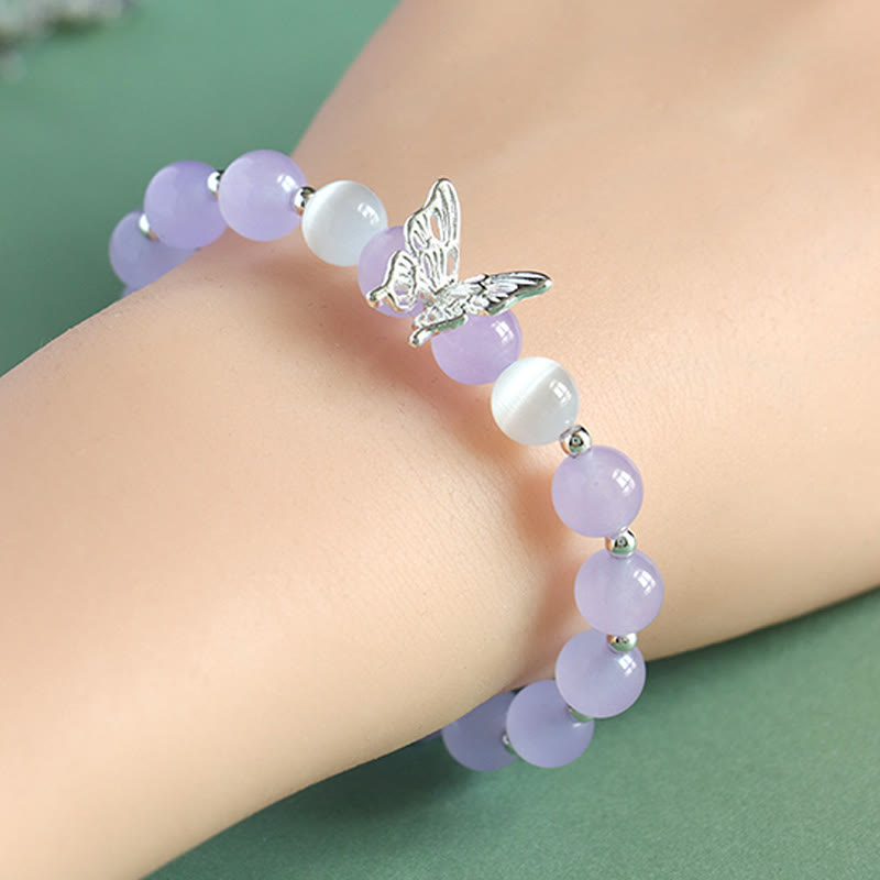 Buddha Stones Calcedonia Azul Cristal Rosa Calcedonia Púrpura Mariposa Pulsera Energética