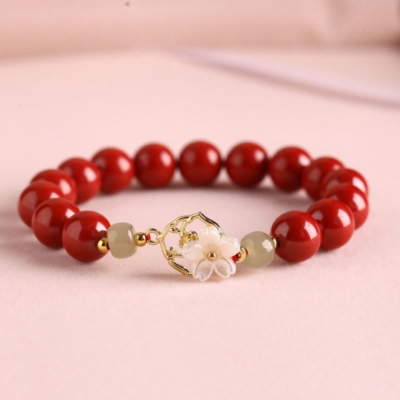 Pulsera de bendición de flores de piedra Tridacna con cuentas de jade cinabrio Natural de Buddha Stones