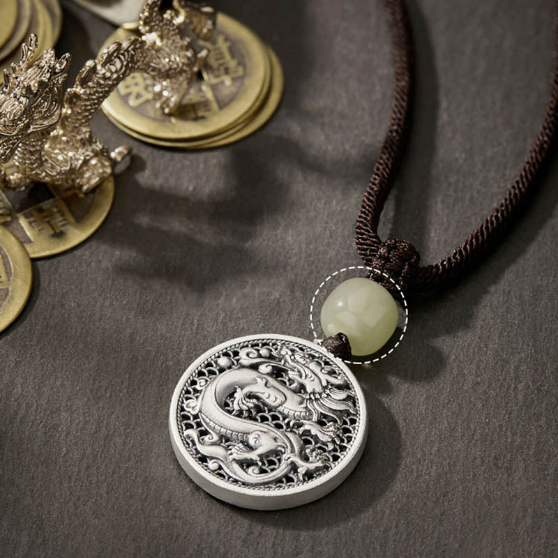 Collar con colgante de plata de ley 999 con Buddha Stones, diseño del Año del Dragón Fu, con carácter de jade hetiano