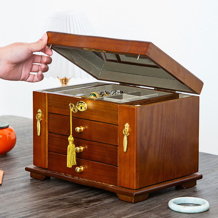 Caja de almacenamiento de joyería de madera de gran capacidad Vintage con Buddha Stones con espejo