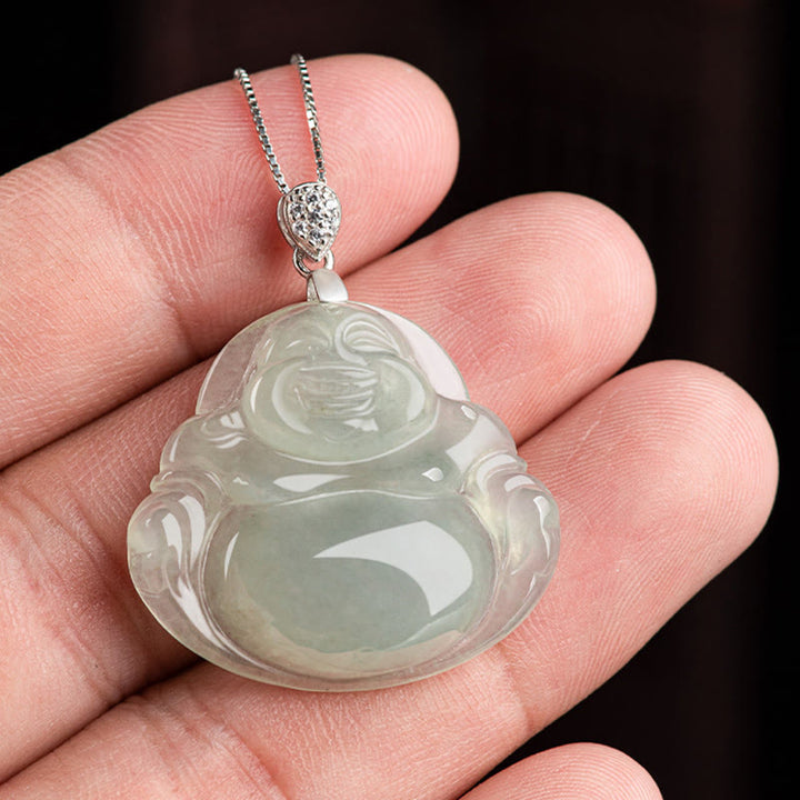 Buddha Stones Plata de Ley 925 Jade Natural Buda sonriente prosperidad abundancia cadena collar colgante