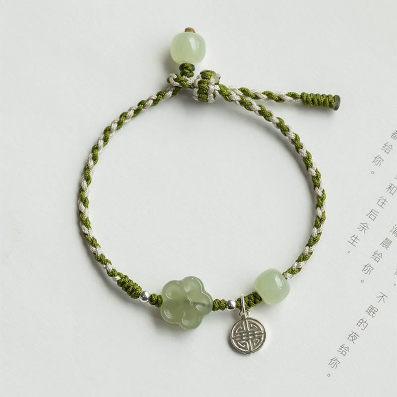 Pulsera trenzada hecha a mano con Buddha Stones , flor de ciruelo, flor de Jade, suerte y prosperidad