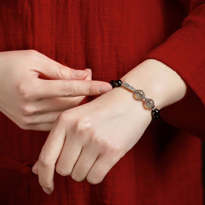 Pulsera de pareja de fuerza de piedra lunar de obsidiana de plata de ley 925 - image 3