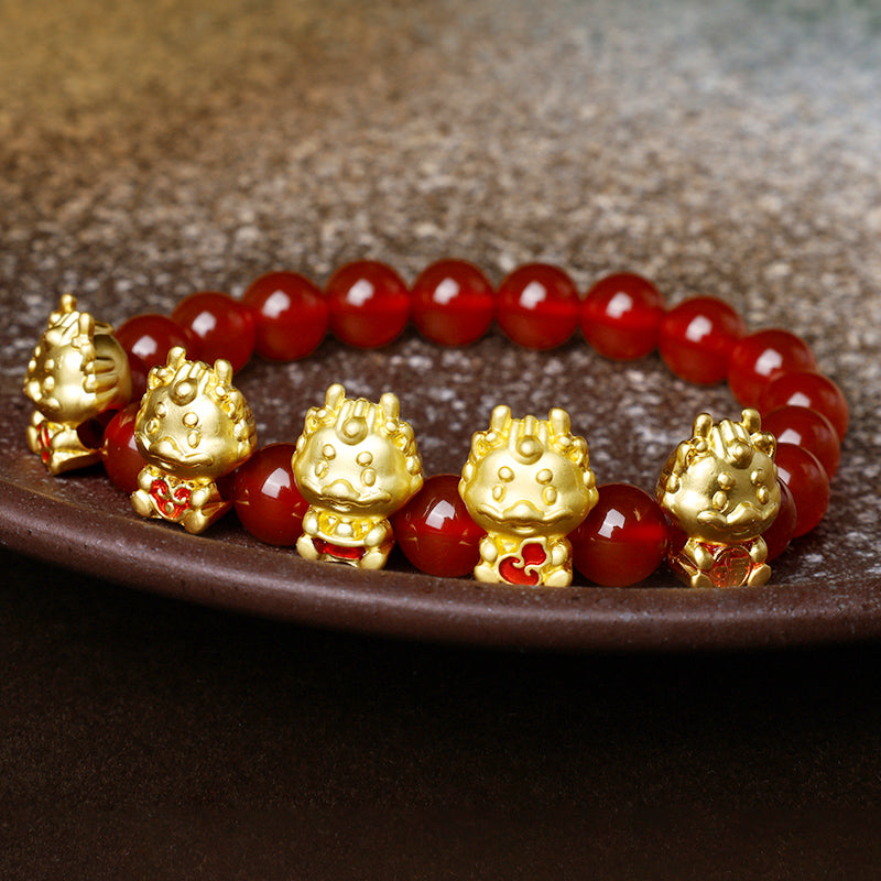 Buddha Stones Año del Dragón Ágata Roja Natural Moneda de Cobre Pulsera de Protección de Personajes Fu