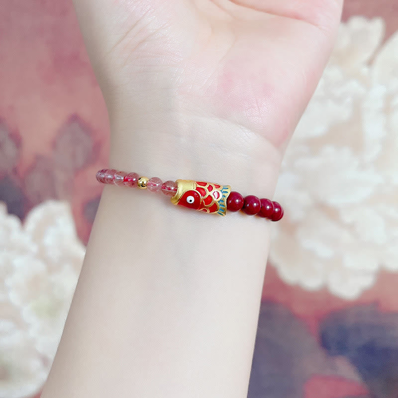 Pulsera curativa de peces Koi de la suerte, cinabrio, cuarzo fresa Natural, Buddha Stones