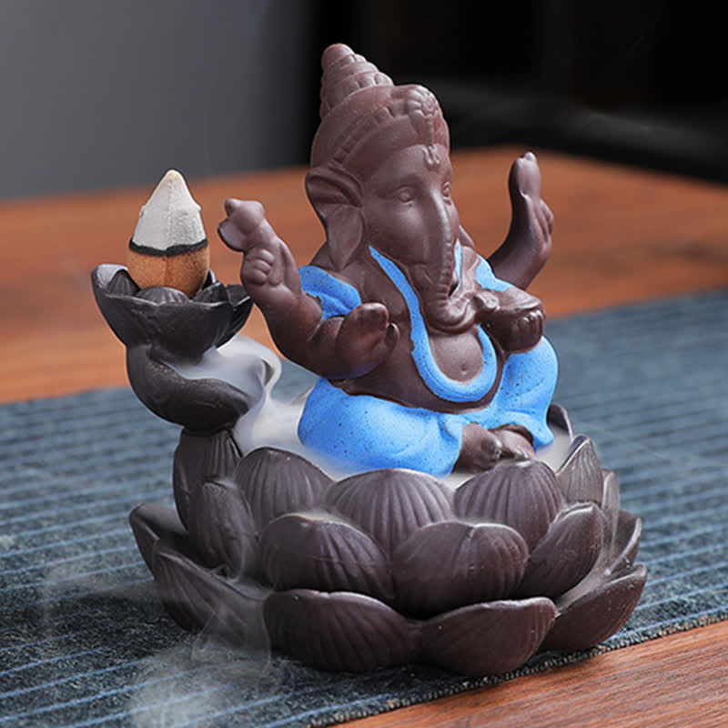 Quemador de incienso de protección de fuente de humo de reflujo de arcilla púrpura elefante Ganesh