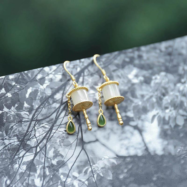 Pendientes colgantes de la suerte con rueda de oración de jade de plata de ley 925 con Buddha Stones