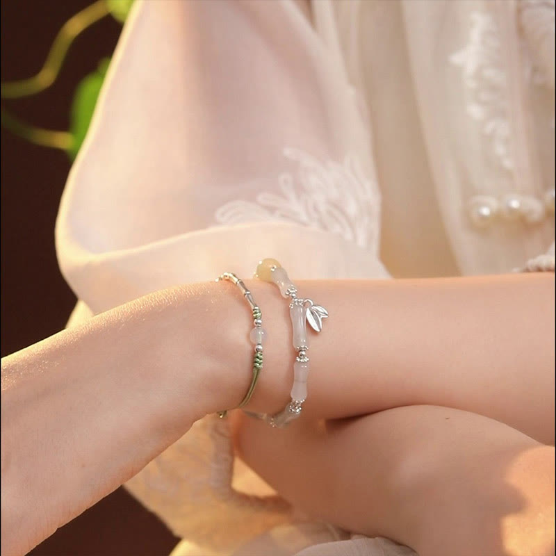 Pulsera de la suerte con dije de bambú de Jade Tianshan Natural de Plata de Ley 925 con Buddha Stones