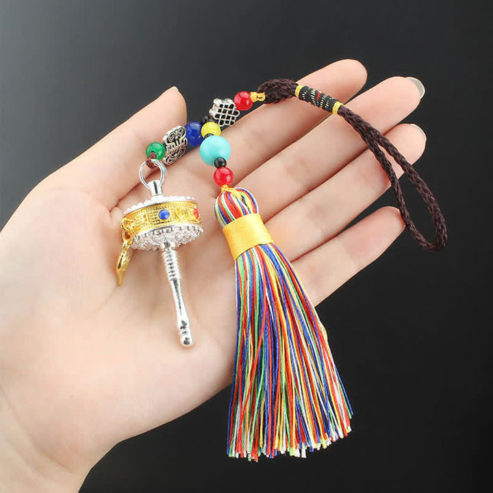 Tíbet Om Mani Padme Hum rueda de oración borla bolsa decoración colgante de coche