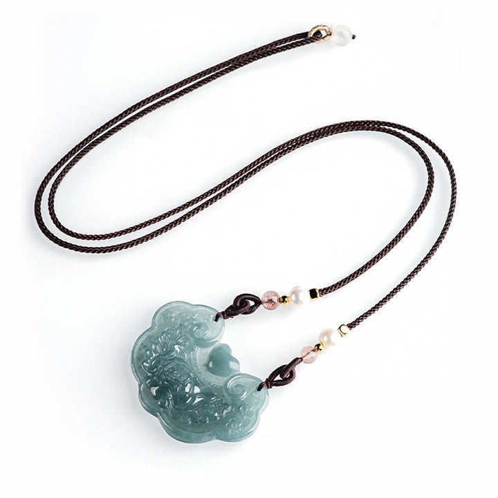 Buddha Stones Natural Jade Peonía Flor Candado de Buenos Deseos Prosperidad Collar Colgante
