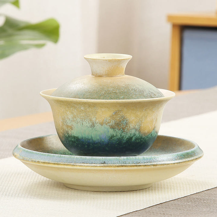 Taza de té y platillo de cerámica de porcelana con diseño de olas del océano, Buddha Stones , Gaiwan Sancai, Kung Fu, con tapa - 13,5 cm x 9,5 cm x 150 ml - image 5