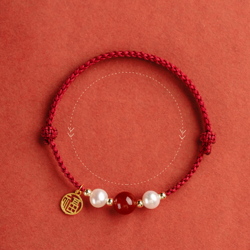 Pulsera trenzada de hilo rojo con perlas de ágata y personaje de buena fortuna, Plata de Ley 925 con Buddha Stones